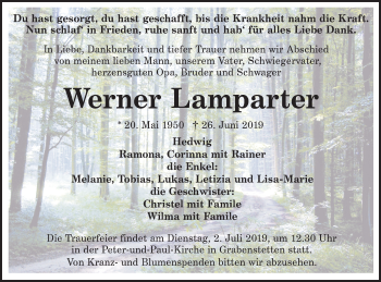 Traueranzeige von Werner Lamparter von Alb-Bote/Metzinger-Uracher Volksblatt