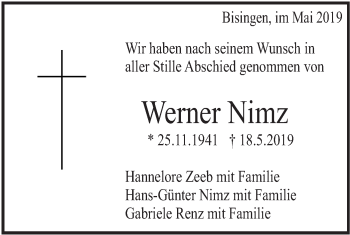 Traueranzeige von Werner Nimz von Hohenzollerische Zeitung