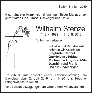 Traueranzeige von Wilhelm Stenzel von NWZ Neue Württembergische Zeitung