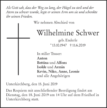 Traueranzeige von Wilhelmine Schwer von SÜDWEST PRESSE Ausgabe Ulm/Neu-Ulm