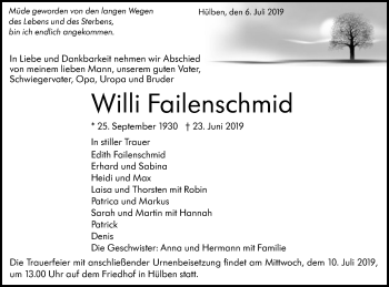 Traueranzeige von Willi Failenschmid von Alb-Bote/Metzinger-Uracher Volksblatt