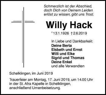 Traueranzeige von Willy Hack von Ehinger Tagblatt