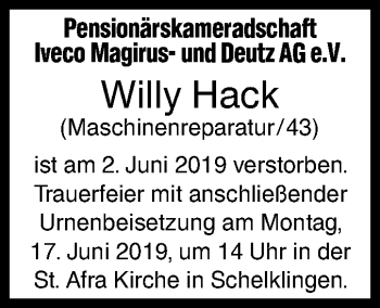 Traueranzeige von Willy Hack von SÜDWEST PRESSE Ausgabe Ulm/Neu-Ulm