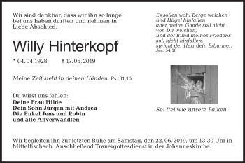 Traueranzeige von Willy Hinterkopf von Haller Tagblatt