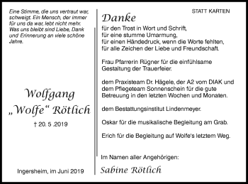 Traueranzeige von Wolfgang Rötlich von Hohenloher Tagblatt