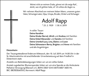 Traueranzeige von Adolf Rapp Rapp von Illertal Bote