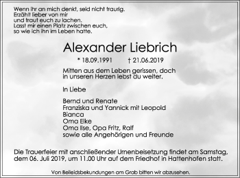 Traueranzeige von Alexander Liebrich von NWZ Neue Württembergische Zeitung/Geislinger Zeitung