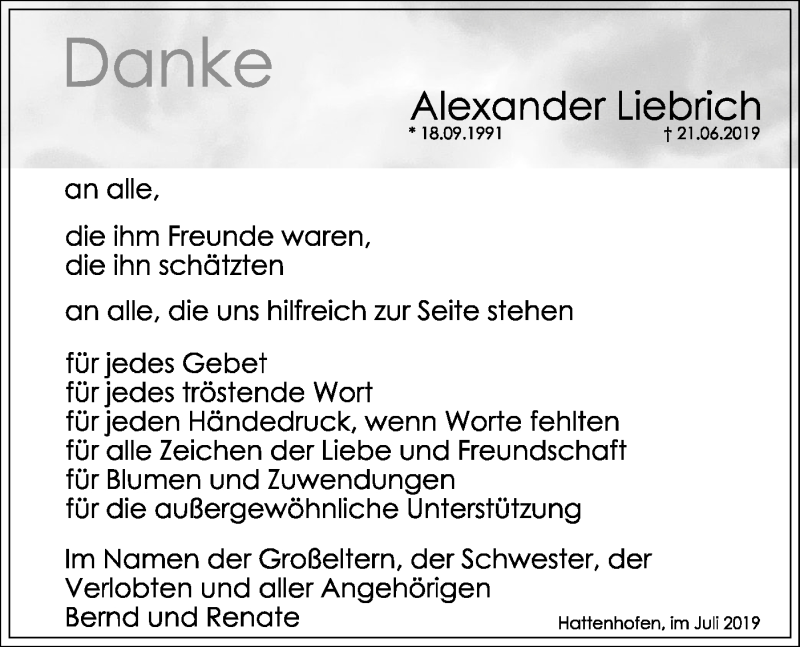  Traueranzeige für Alexander Liebrich vom 13.07.2019 aus NWZ Neue Württembergische Zeitung