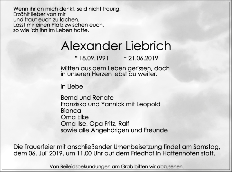  Traueranzeige für Alexander Liebrich vom 03.07.2019 aus NWZ Neue Württembergische Zeitung/Geislinger Zeitung