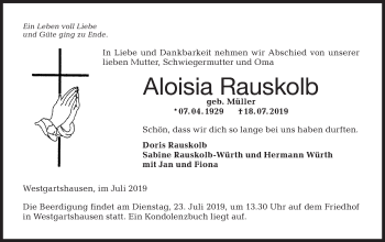 Traueranzeige von Aloisia Rauskolb von Hohenloher Tagblatt