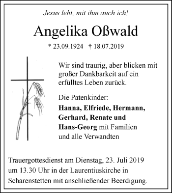 Traueranzeige von Angelika Oßwald von SÜDWEST PRESSE Ausgabe Ulm/Neu-Ulm