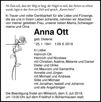 Traueranzeige von Anna Ott von SÜDWEST PRESSE Ausgabe Ulm/Neu-Ulm