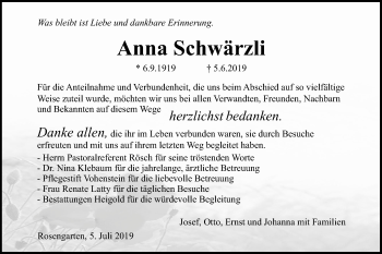 Traueranzeige von Anna Schwärzli von Haller Tagblatt