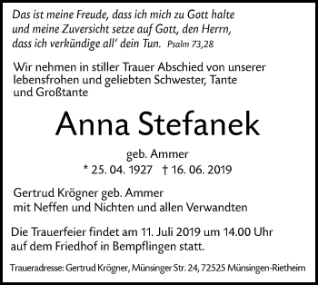 Traueranzeige von Anna Stefanek von Alb-Bote/Metzinger-Uracher Volksblatt