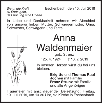 Traueranzeige von Anna Waldenmaier von NWZ Neue Württembergische Zeitung