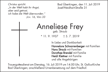 Traueranzeige von Anneliese Frey von Geislinger Zeitung