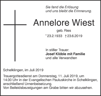 Traueranzeige von Annelore Wiest von Ehinger Tagblatt