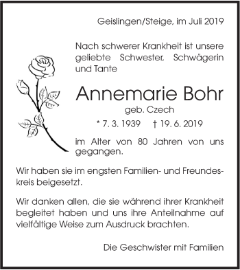 Traueranzeige von Annemarie Bohr von Geislinger Zeitung