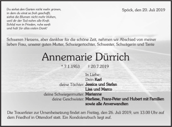 Traueranzeige von Annemarie Dürrich von Rundschau Gaildorf