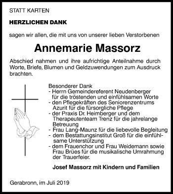 Traueranzeige von Annemarie Massorz von Hohenloher Tagblatt