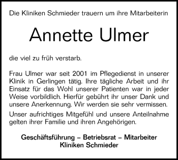 Traueranzeige von Annette Ulmer von Alb-Bote/Metzinger-Uracher Volksblatt