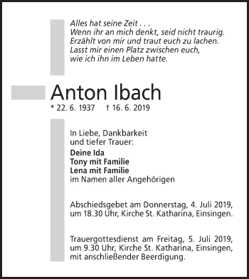 Traueranzeige von Anton Ibach von SÜDWEST PRESSE Ausgabe Ulm/Neu-Ulm