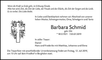 Traueranzeige von Barbara Schmid von SÜDWEST PRESSE Ausgabe Ulm/Neu-Ulm