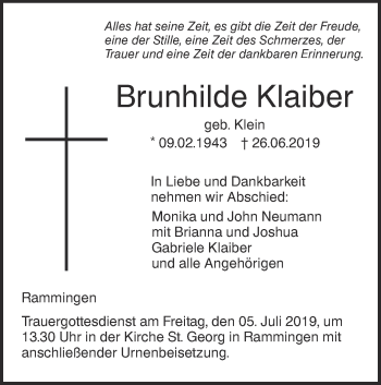 Traueranzeige von Brunhilde Klaiber von SÜDWEST PRESSE Ausgabe Ulm/Neu-Ulm