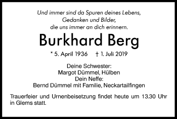 Traueranzeige von Burkhard Berg von Metzinger-Uracher Volksblatt