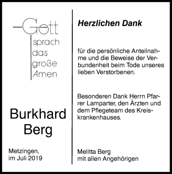 Traueranzeige von Burkhard Berg von Metzinger-Uracher Volksblatt