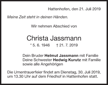 Traueranzeige von Christa Jassmann von NWZ Neue Württembergische Zeitung