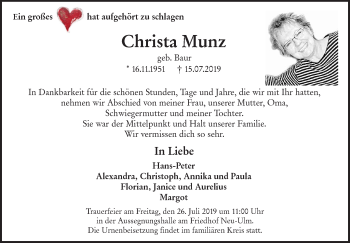 Traueranzeige von Christa Munz von SÜDWEST PRESSE Ausgabe Ulm/Neu-Ulm