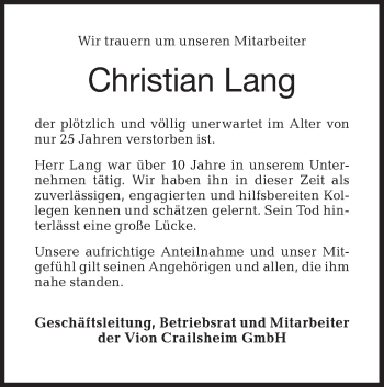 Traueranzeige von Christian Lang von Haller Tagblatt