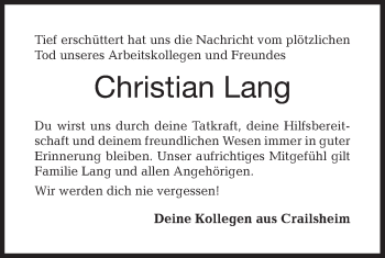 Traueranzeige von Christian Lang von Haller Tagblatt