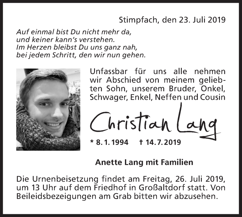  Traueranzeige für Christian Lang vom 23.07.2019 aus Haller Tagblatt