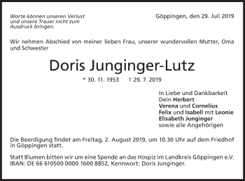 Traueranzeige von Doris Junginger-Lutz von NWZ Neue Württembergische Zeitung