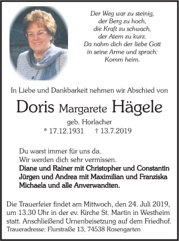 Traueranzeige von Doris Margarete Hägele von Haller Tagblatt