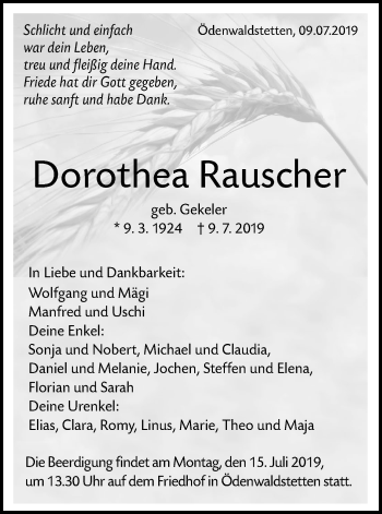 Traueranzeige von Dorothea Rauscher von Alb-Bote/Metzinger-Uracher Volksblatt