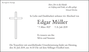 Traueranzeige von Edgar Müller von SÜDWEST PRESSE Ausgabe Ulm/Neu-Ulm