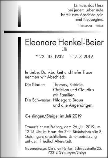 Traueranzeige von Eleonore Henkel-Beier von Geislinger Zeitung