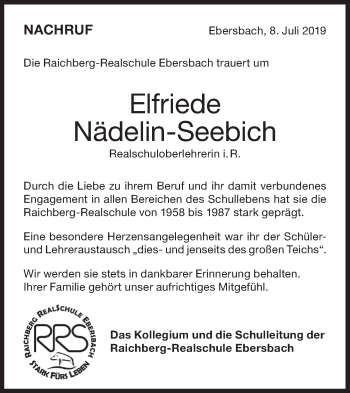 Traueranzeige von Elfriede Nädelin-Seebich von NWZ Neue Württembergische Zeitung