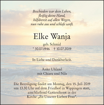 Traueranzeige von Elke Wanja von SÜDWEST PRESSE Ausgabe Ulm/Neu-Ulm