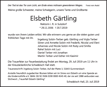 Traueranzeige von Elsbeth Gärtling von Haller Tagblatt