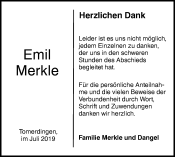 Traueranzeige von Emil Merkle von SÜDWEST PRESSE Ausgabe Ulm/Neu-Ulm