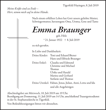 Traueranzeige von Emma Braunger von Alb-Bote/Metzinger-Uracher Volksblatt