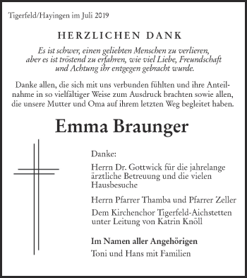 Traueranzeige von Emma Braunger von Alb-Bote/Metzinger-Uracher Volksblatt