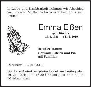 Traueranzeige von Emma Eißen von Hohenloher Tagblatt