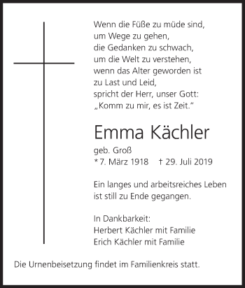 Traueranzeige von Emma Kächler von Illertal Bote