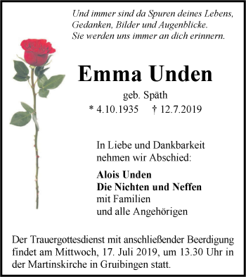 Traueranzeige von Emma Unden von NWZ Neue Württembergische Zeitung/Geislinger Zeitung