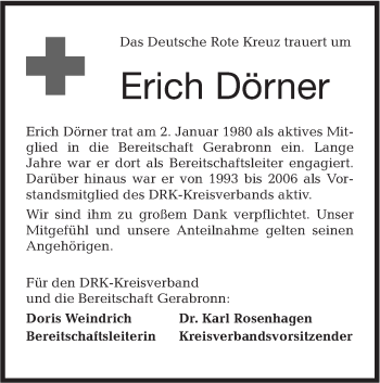 Traueranzeige von Erich Dörner von Hohenloher Tagblatt